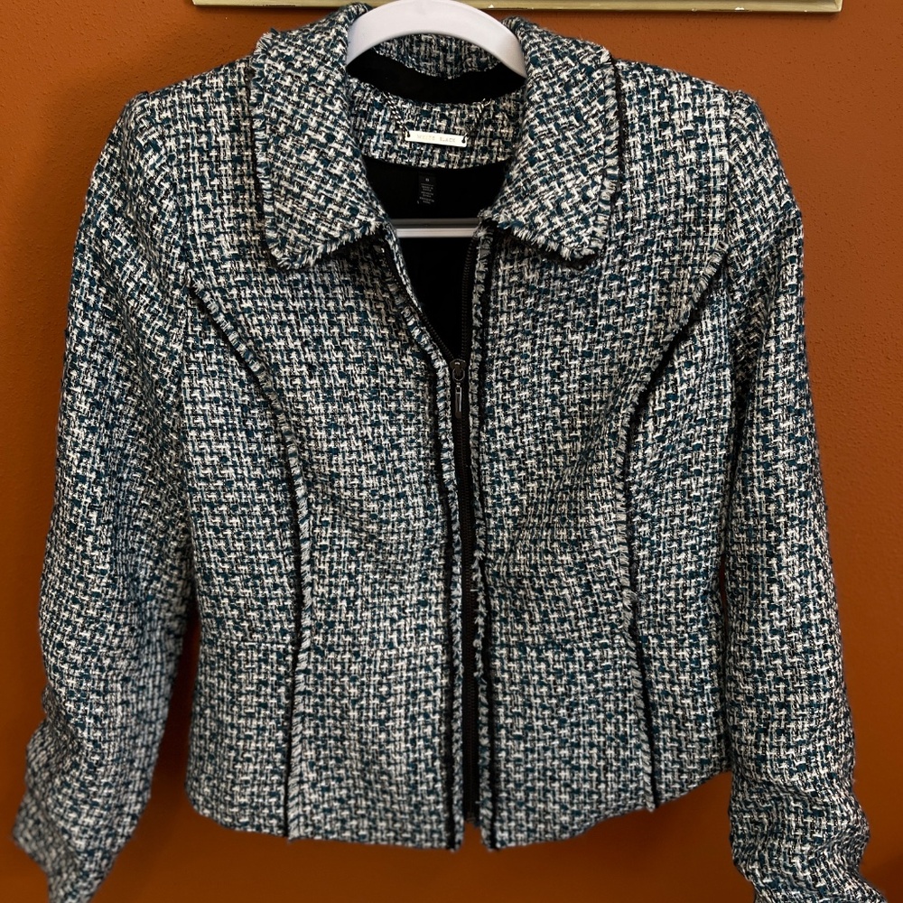 White House Black Market Structured Tweed Jacket – Blue/Black | Size 8